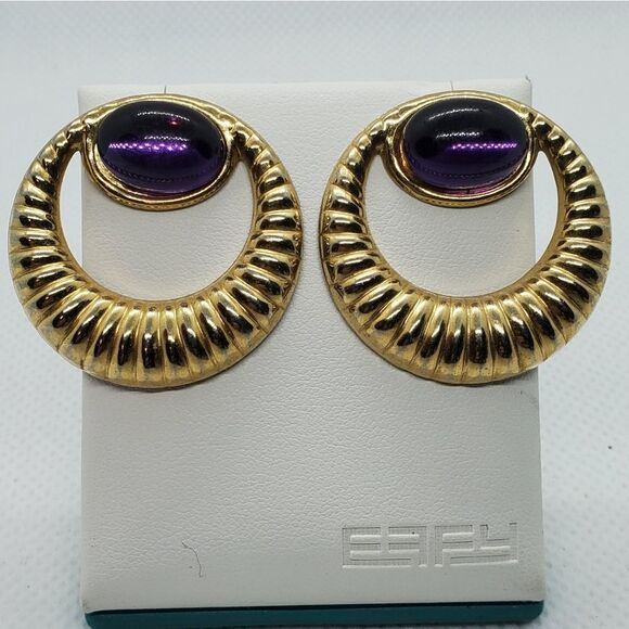 Vintage Jewelry - Vintage Retro Gold & Purple Earrings